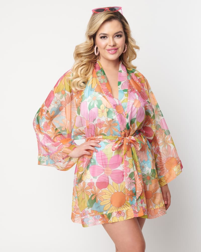 Front of a model wearing a size One Size Plus Unique Vintage 1970s Rainbow Floral Coverup in Rainbow, Floral by Unique Vintage. | dia_product_style_image_id:287118